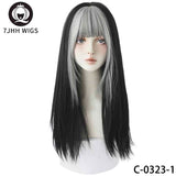 Black Straight Synthetic Wigs With Grey Fluffy Bangs