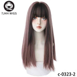 Black Straight Synthetic Wigs With Grey Fluffy Bangs