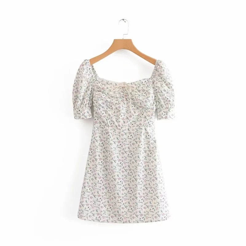Floral Vintage Mini Puff-Sleeve Dress