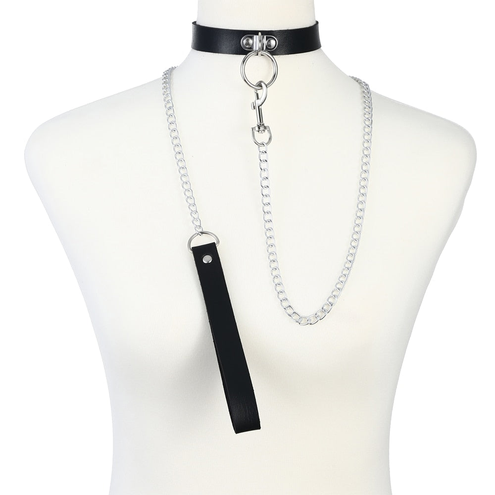 Slutty Black Leather Choker Collar with Chain Leash
