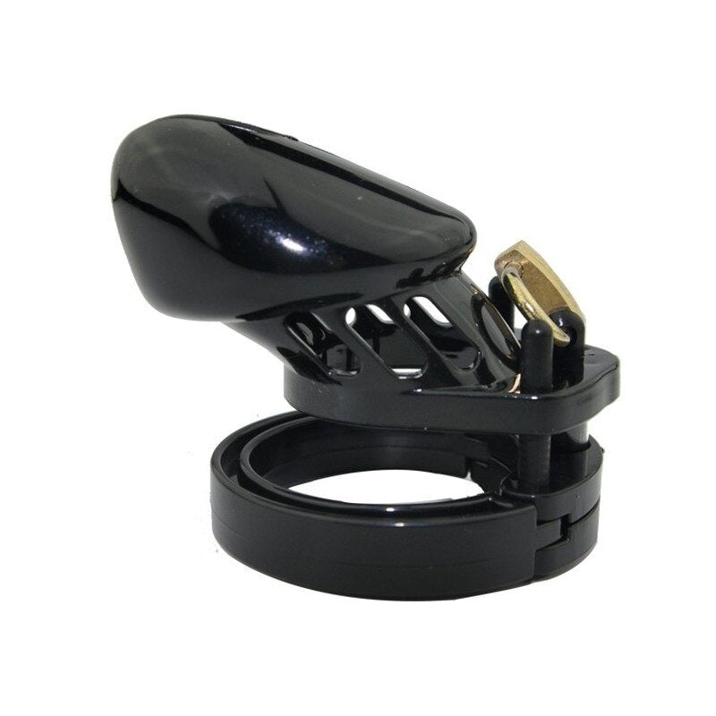 Hard Plastic Chastity Cage with 5 Size Rings and a Brass Lock